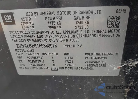 2015 Chevrolet Equinox 1Lt z USA, uszkodzony, nr VIN 2GNALBEK1F6383973